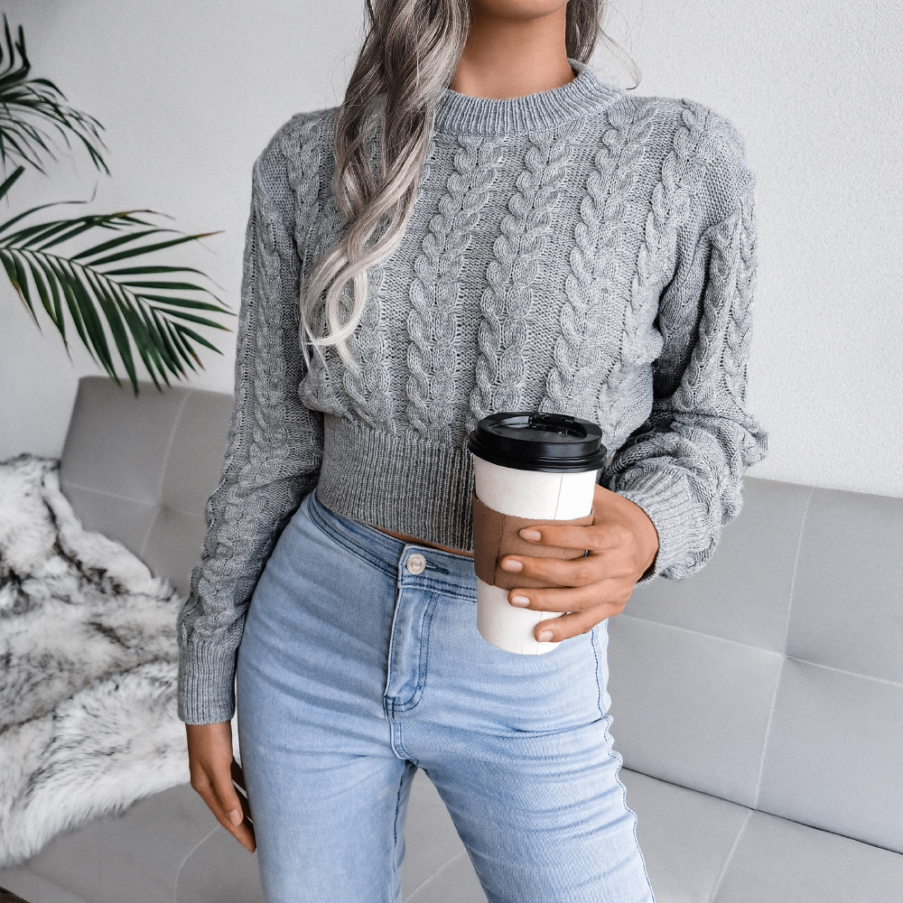 TK Suéter de punto trenzado de Color liso para mujer, Jersey corto ajustado de manga larga, Tops Tejidos cálidos engrosados, moda de otoño e invierno, nuevo
