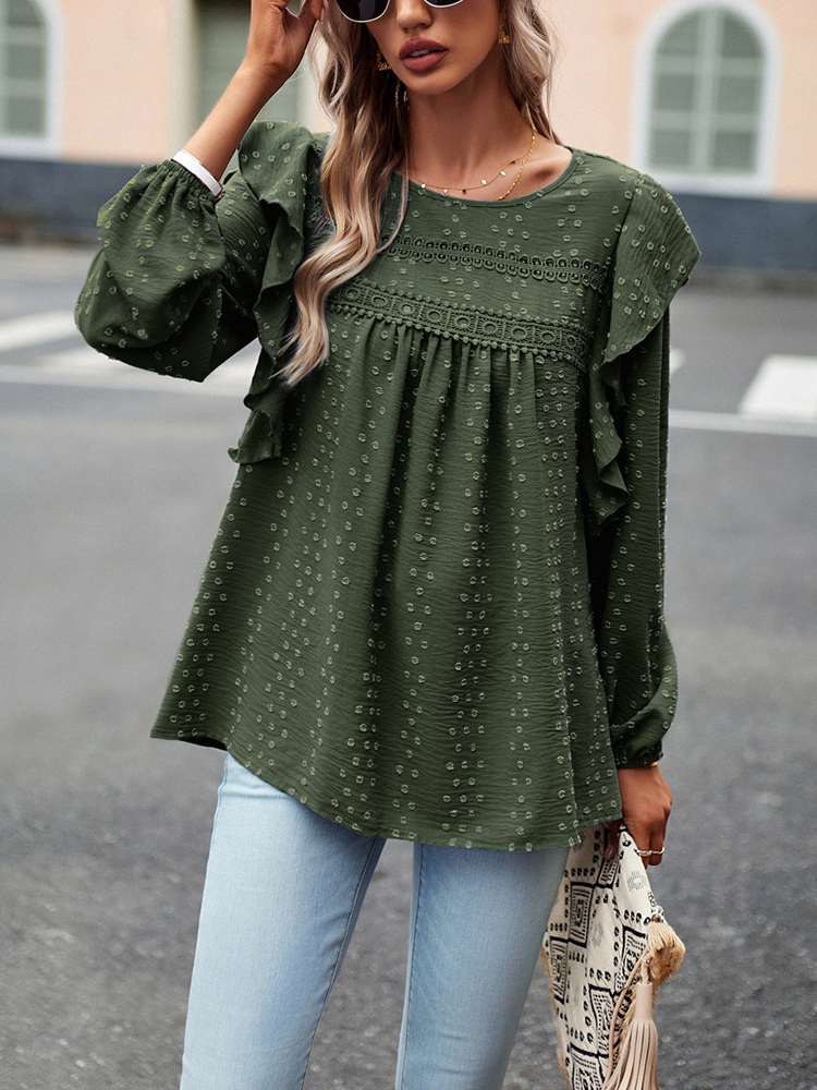 OmHO Blusa informal holgada de Jacquard para Mujer, Camisa de manga Larga, Color sólido, combina con Todo, Primavera y Primavera, novedad