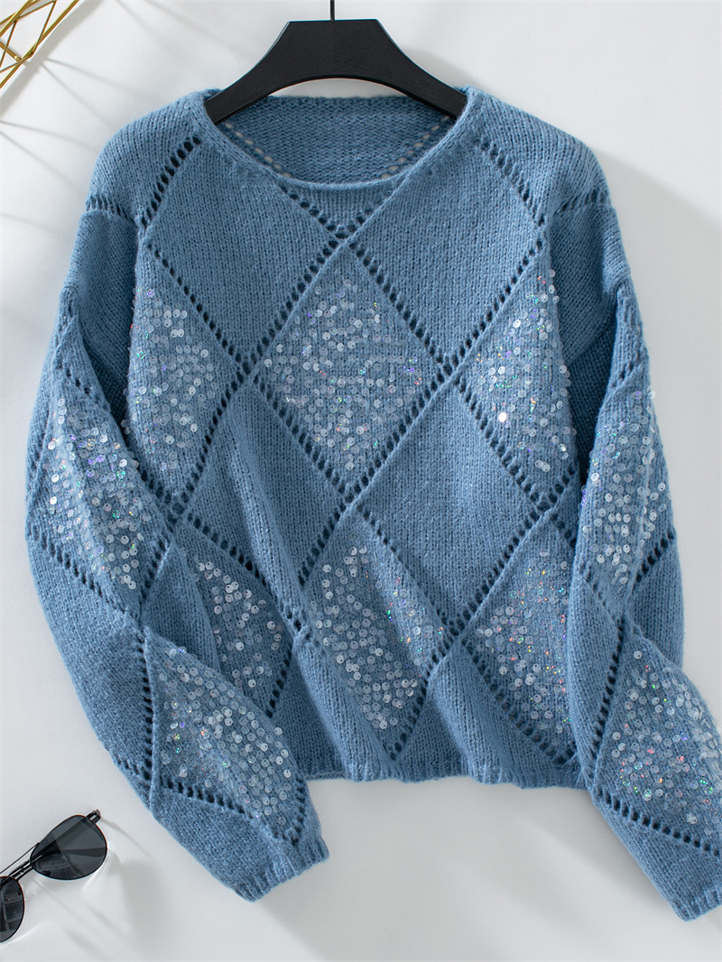 TK Suéter suelto de punto con lentejuelas para mujer, jersey de rombos ahuecado a la moda