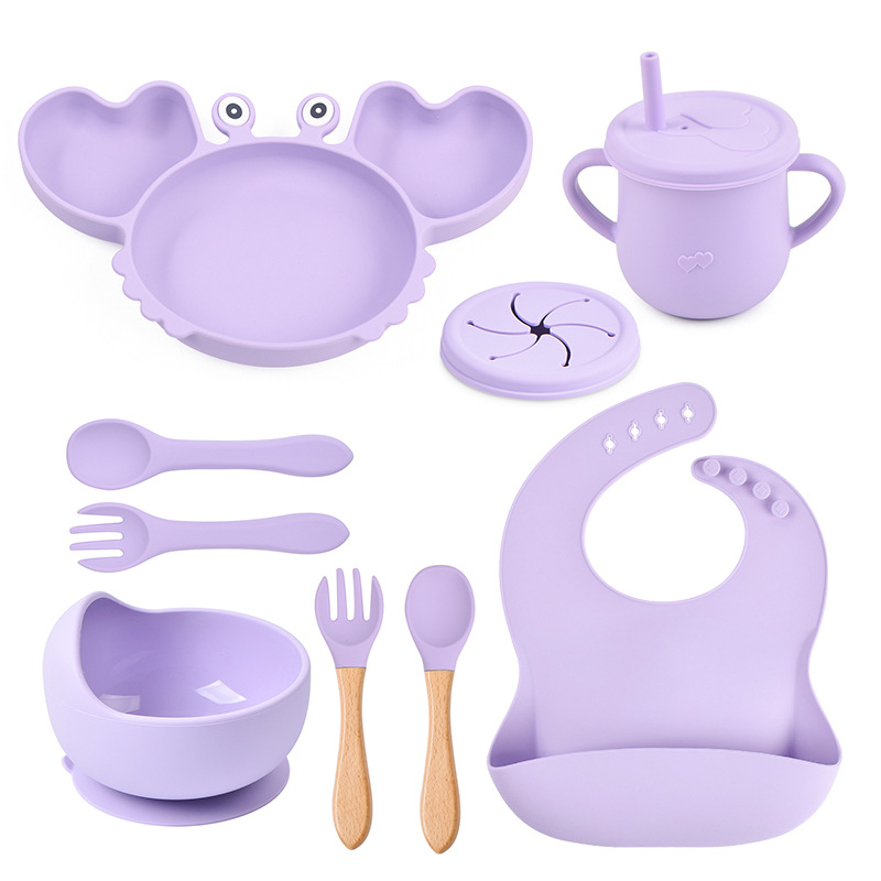 Juego de vajilla antideslizante para bebé, cuenco de silicona suave, plato, cuchara, tenedor, babero, juego de tazas, platos de alimentación para niños pequeños, 8 unids/set