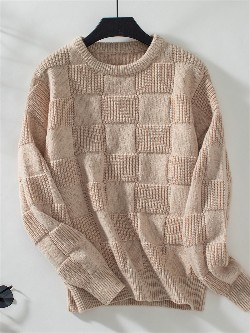 TK Suéter de manga larga para mujer, Jersey de punto acanalado a cuadros, cuello redondo, Tops de blusa de punto a la moda, otoño