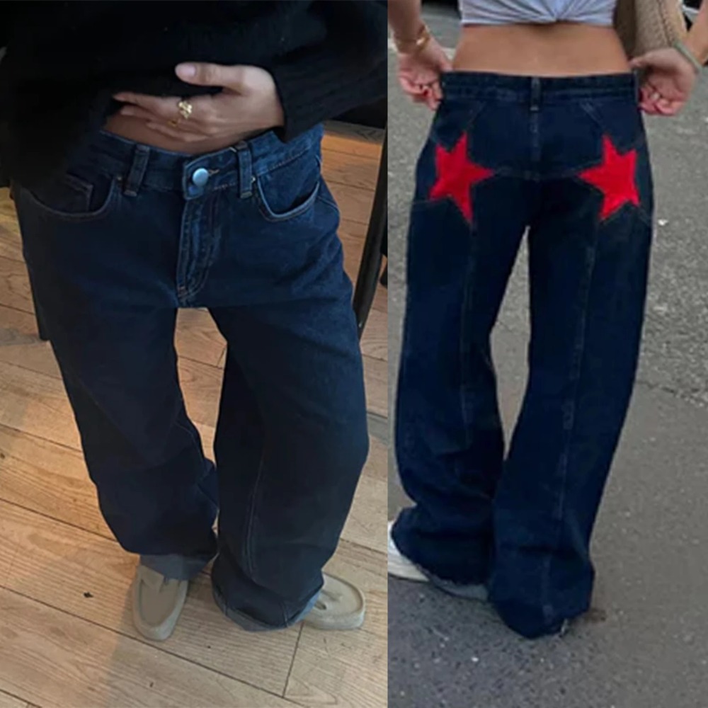 Pantalones vaqueros vintage Y2K para mujer con estampado de estrellas estéticas, pantalones largos de mezclilla de pierna recta sueltos, pantalones casuales de cintura baja