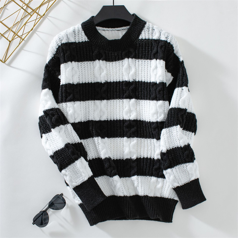 TK Suéteres a rayas para mujer, Jersey de punto de manga larga, cuello redondo, suelto, informal, Tops acogedores, Otoño e Invierno