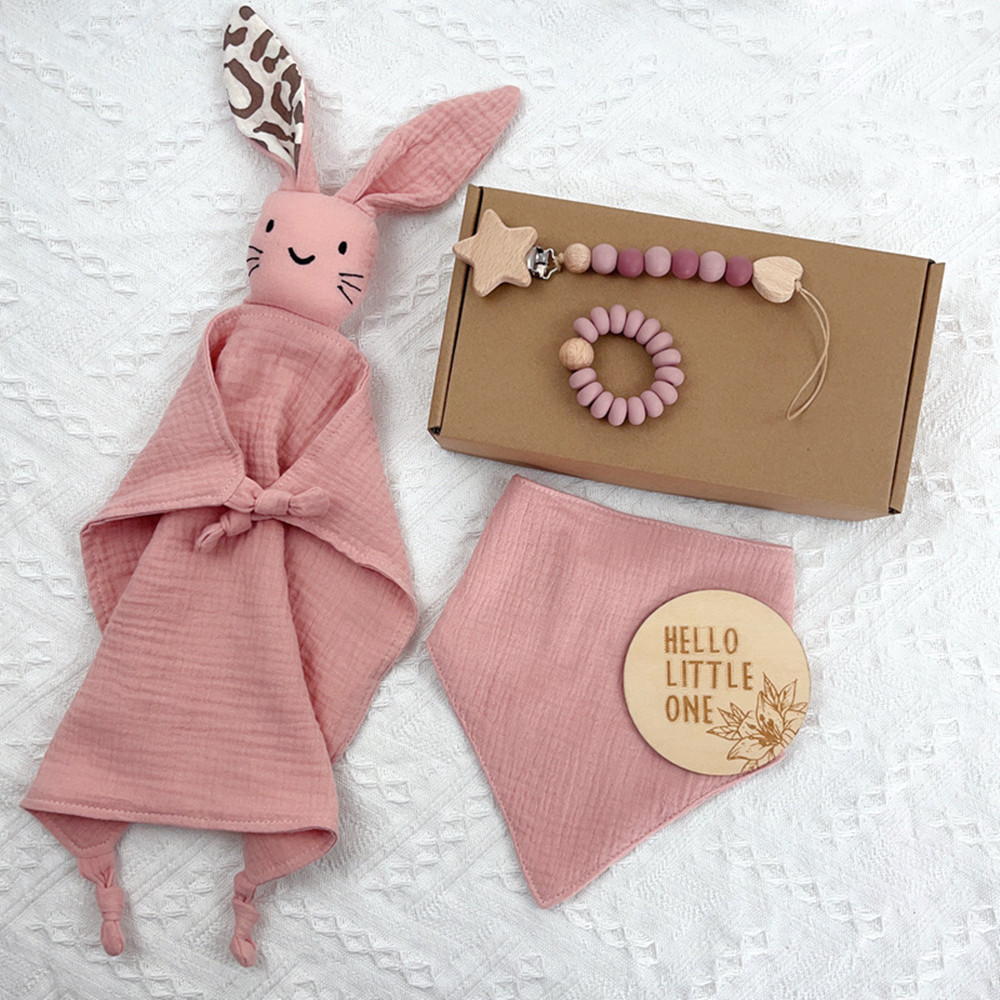 TK Juego de regalo para bebé recién nacido, muselina de algodón, toalla de Saliva, pulsera de dientes de silicona, juguete, chupete, cadena, sombrero, tarjeta de madera, caja de regalo para bebé