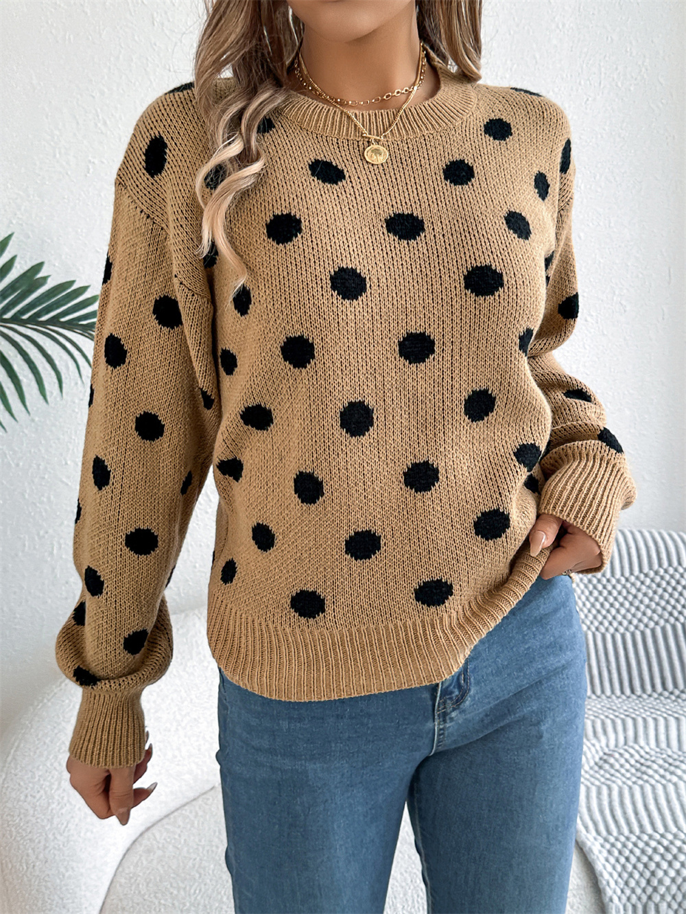 TK Suéter informal de lunares para mujer, cárdigan de manga larga con cuello redondo, prendas de punto para invierno