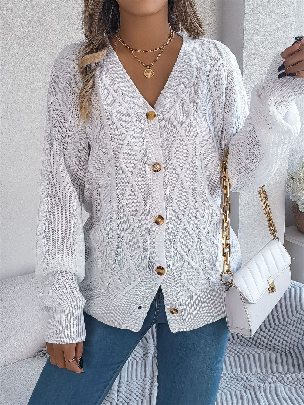 TK Suéteres de otoño para mujer, sueltos, de manga larga, acogedores, de punto acanalado, con cuello en V