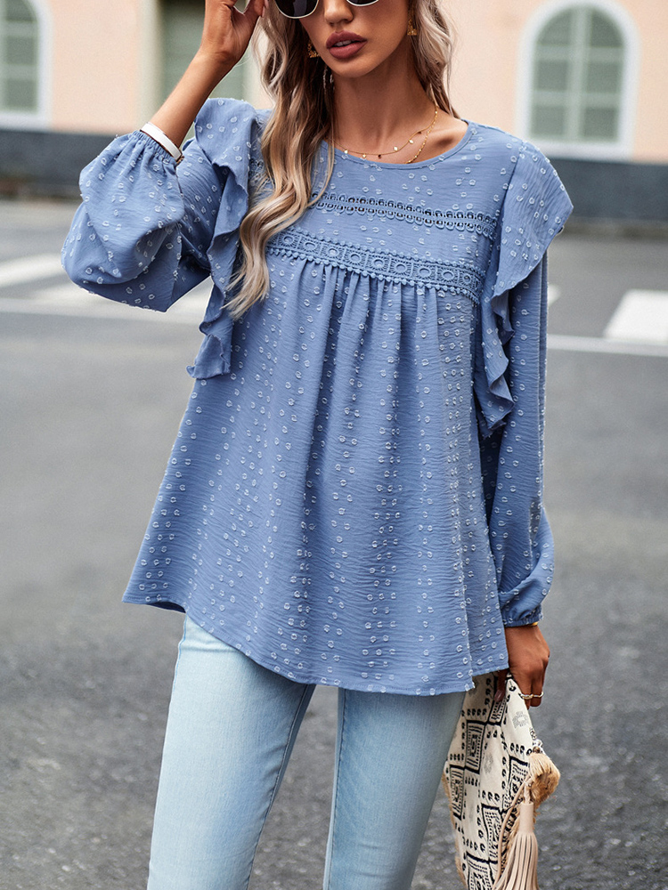 OmHO Blusa informal holgada de Jacquard para Mujer, Camisa de manga Larga, Color sólido, combina con Todo, Primavera y Primavera, novedad