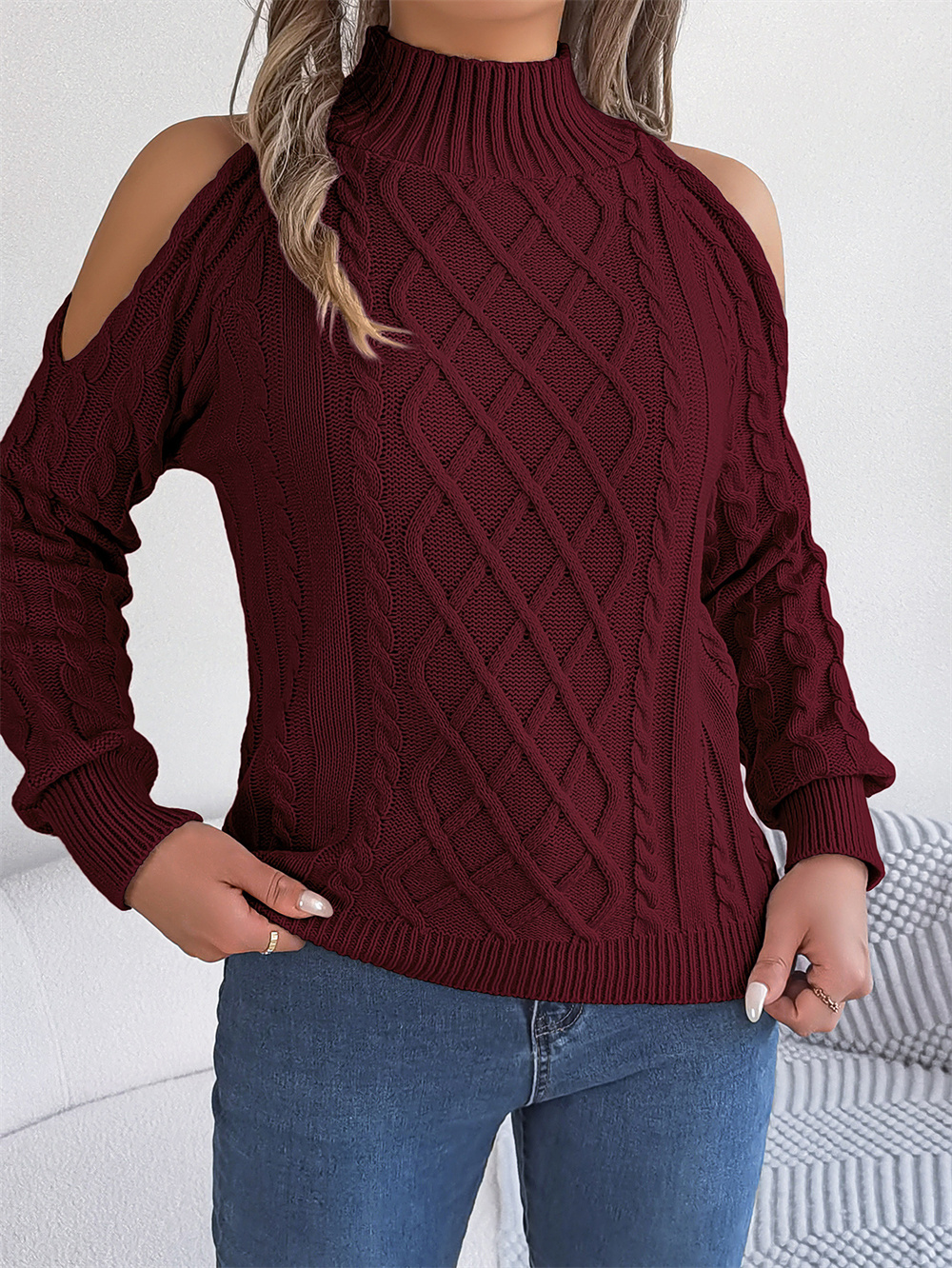 TK Suéteres de punto con hombros descubiertos para mujer, cuello alto informal, Top grueso torcido, jersey holgado texturizado acanalado de manga larga
