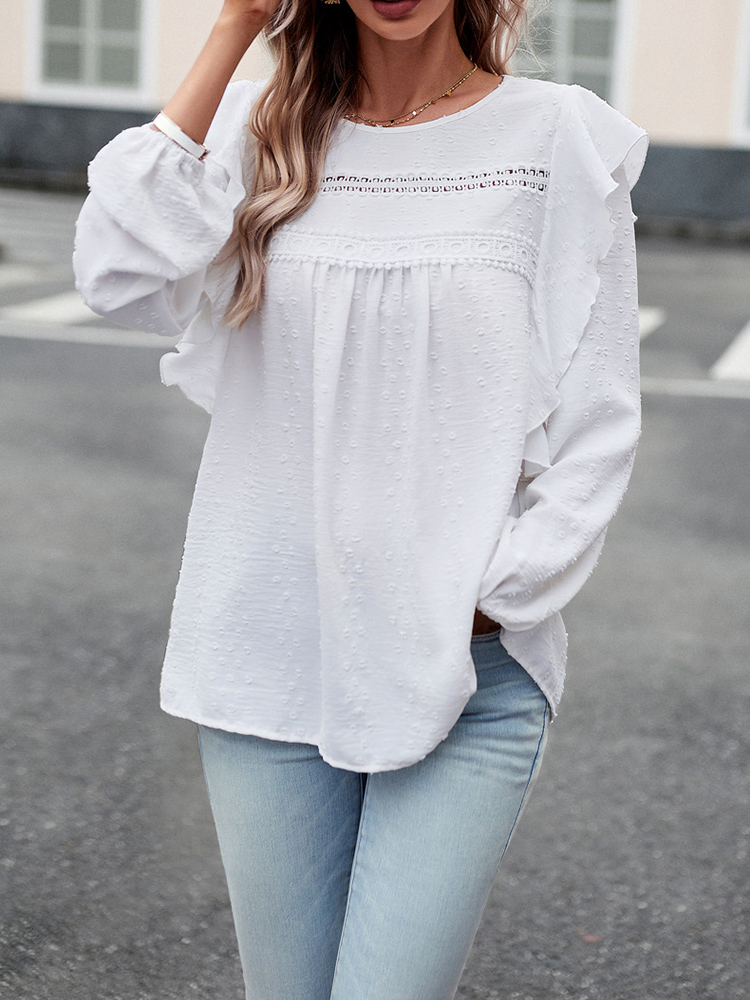 OmHO Blusa informal holgada de Jacquard para Mujer, Camisa de manga Larga, Color sólido, combina con Todo, Primavera y Primavera, novedad