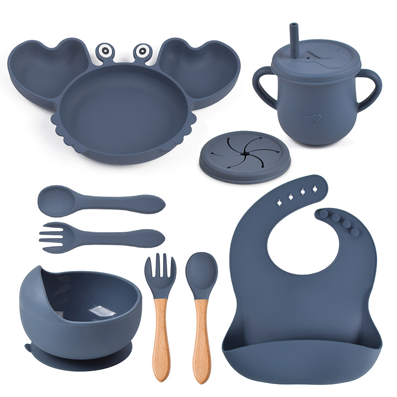 Juego de vajilla antideslizante para bebé, cuenco de silicona suave, plato, cuchara, tenedor, babero, juego de tazas, platos de alimentación para niños pequeños, 8 unids/set