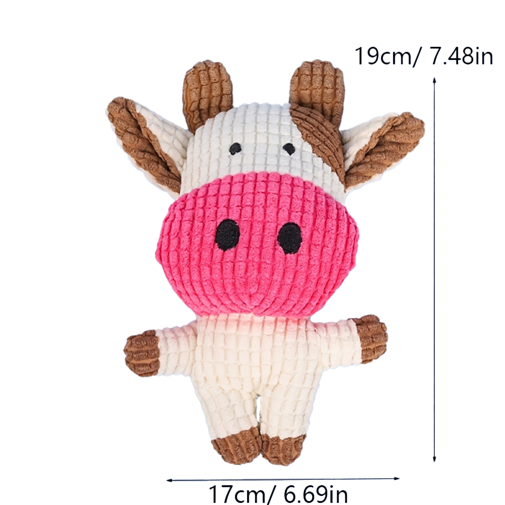 Juguetes de peluche de animales de vaca rosa para mascotas, juguetes chirriantes para masticar, silbidos, ardilla envuelta, lindo