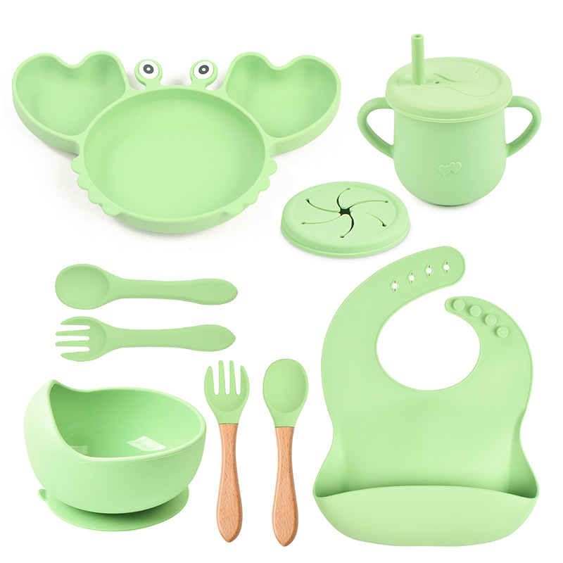 CA Juego de vajilla antideslizante para bebé, cuenco de silicona suave, plato, cuchara, tenedor, babero, juego de tazas, platos de alimentación para niños pequeños, 8 unids/set
