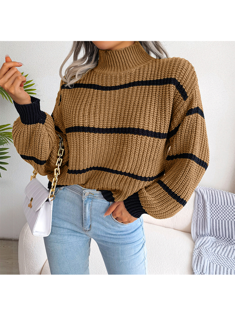 OmHO Suétéres de DOT de manga Larga para Mujer, jerseys informales de Cuello Alto a Rayas, otoño E Invierno, novedad de 2025