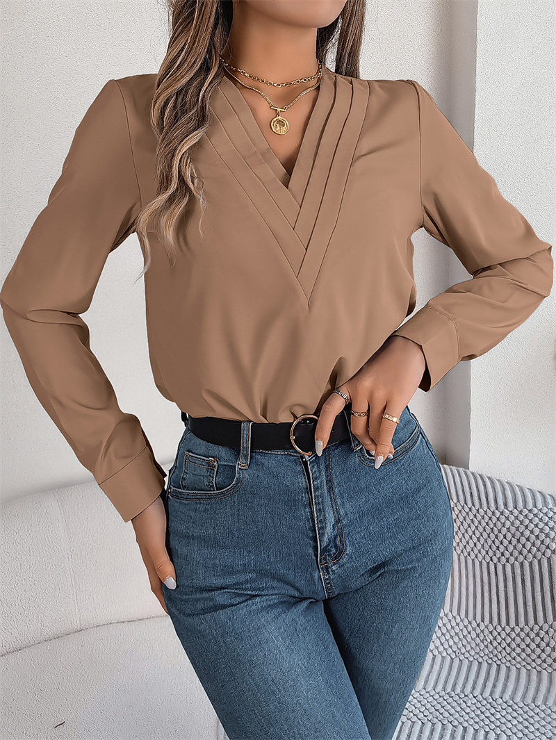 TK Blusa blanca ajustada de manga larga para mujer, Jersey elegante con cuello en V, Color sólido, para oficina, otoño e invierno, 2024